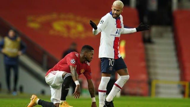PSG’s Neymar, right, reacts in front of Manchester United’s Fred during their Group H Champions League match. AP