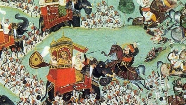 The Battle of Haldighati, fought between Raja Rana Pratap and the Mughal forces. The monarch rode Chetak, who could jump high enough to reach an elephant's trunk.