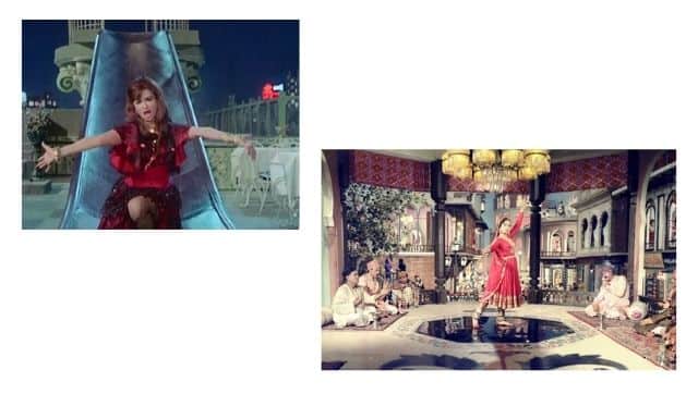 (Left) Helen dancing on the song 'Piya Tu Ab To Aaja' from Caravan (Nasir Hussain. 1971) | (Right) Meena Kumari dancing on 'Inhi Logon Ne' from Pakeezah (Kamal Amrohi, 1972). Images via screengrab