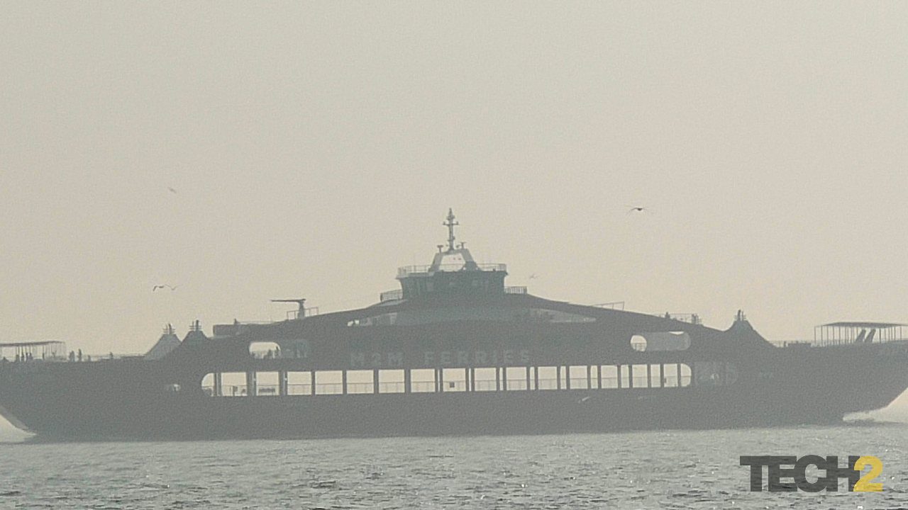 The newly introduced ro-ro between Mumbai and Alibaug was actually so far away, we weren't sure what ship it was. Here you can see the name - M2M ferries. Image credit: Abigail Banerji 