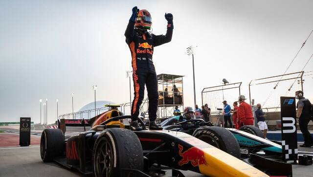 Jehan Daruvala celebrates after his landmark win at the Sakhir GP. Twitter@redbullindia