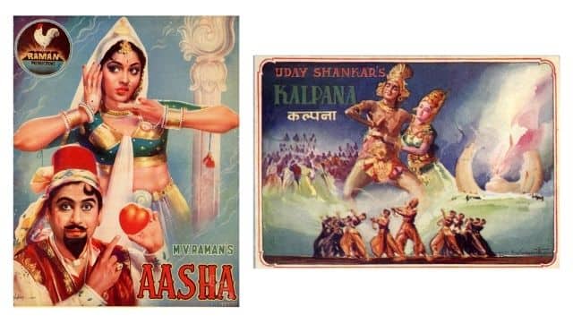 (Left) Poster of Kishore Kumar-Vyjayanthimala-starrer Aasha (MV Raman, 1957) | (Right) Song booklet cover for Kalpana (Uday Shankar, 1948) Image via National Film Archives of India