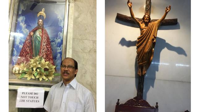 (L) Father Merwyn of Fatima Church with the statue of St. Jude, whose novena is celebrated here every Thursday. (R) Crucified Christ above the altar