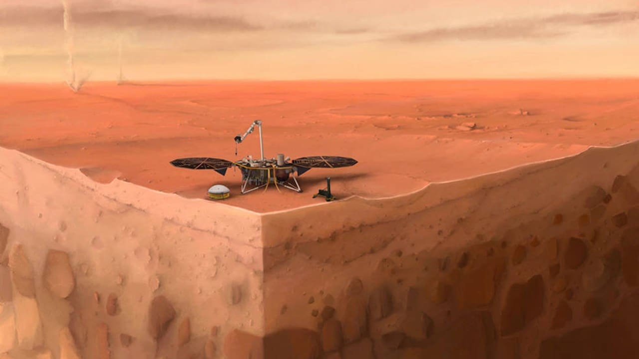 In this artist's concept of NASA's InSight lander on Mars, layers of the planet's subsurface can be seen below, and dust devils can be seen in the background. Credits: IPGP/Nicolas Sarter