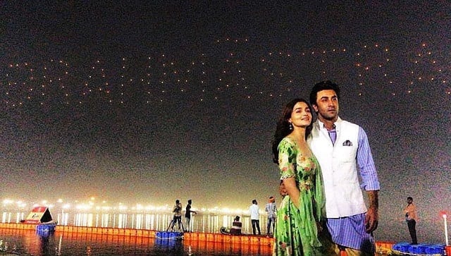 Alia Bhatt and Ranbir during the film’s launch In a first of its kind launch - a swarm of drones lit up the sky to form the Brahmāstra logo.