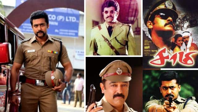 (Clockwise from above left) Stills from Singham; Moondru Mugam; Saamy; Kaakha Kaakha; Vettaiyaadu Vilaiyaadu