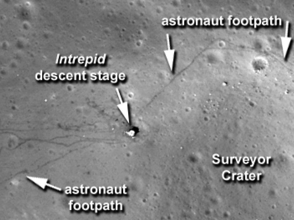 NASA’s Lunar Reconnaissance Orbiter Camera captured images of the Apollo 12, 14 and 17 landing sites. The Apollo 17 lunar rover is visible, as are the descent stages of the three spacecraft and footpaths made by the astronauts. NASA/Goddard Space Flight Center/Arizona State University