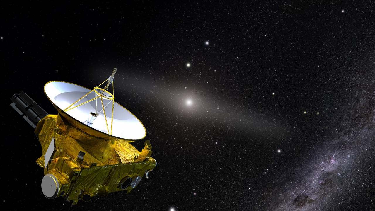 This artist’s illustration shows NASA’s New Horizons spacecraft in the outer solar system. In the background lies the Sun and a glowing band representing zodiacal light, caused by sunlight reflecting off of dust. Credits: Joe Olmsted/STScI