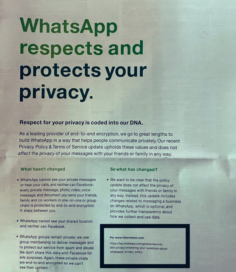 WhatsApp ad in a national newspaper.