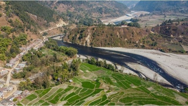 A drone shot of Khahare Bazaar, one of the biggest settlements on the tributary. The bazaar will be submerged in water. Photo by Nabin Baral