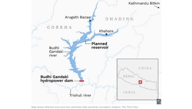 Map shows affected area and river stretches that would be inundated. Graphic: The Third Pole