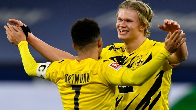 Borussia Dortmund’s Erling Haaland (right) scored twice in their 4-0 win over Schalke. AP 