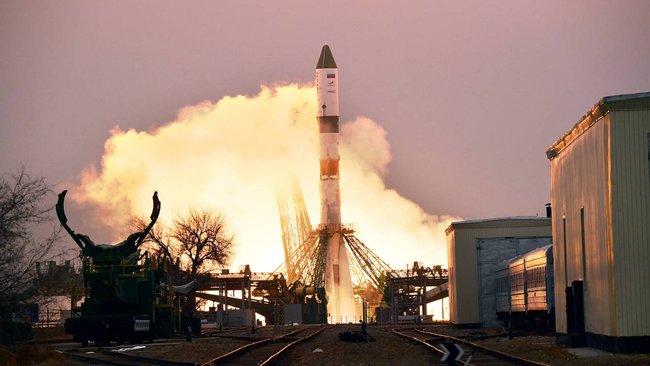 In this photo taken on Monday, Feb. 15, 2021, and distributed by Roscosmos Space Agency Press Service, the Progress MS-16 cargo blasts off from the launch pad at Russia’s space facility in Baikonur, Kazakhstan. The Russian Progress MS-16 cargo ship blasted off from the Russia-leased Baikonur launch facility in Kazakhstan and reached a designated orbit en route to the International Space Station. (Roscosmos Space Agency Press Service photo via AP)