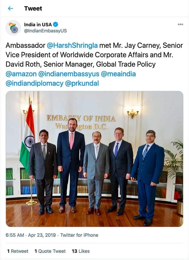 The Indian embassy in Washington tweeted a picture of the ambassador (center) with Amazon executive Jay Carney (second from right) after they met in April 2019. Source: Twitter screenshot via REUTERS
