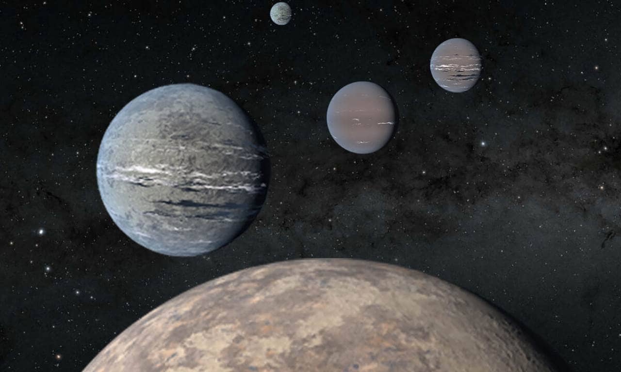 An artist rendering of the five-planet system around TOI-1233 includes a super-Earth (foreground) that could help solve mysteries of planet formation. Image Credit: NASA/JPL-Caltech