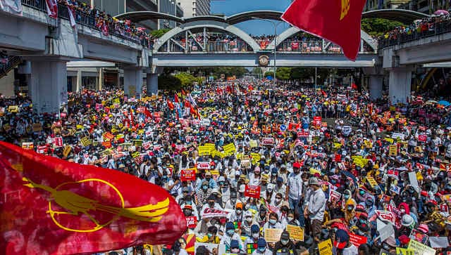 Hundreds of thousands of protesters gathered in Yangon. © 2021 The New York Times