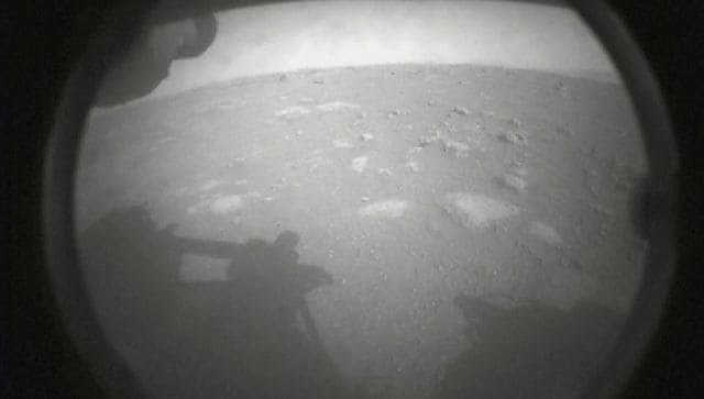 A still image made from video provided by NASA, shows an image sent by the Perseverance rover, showing the surface of Mars, just after landing on Thursday. NASA via The New York Times
