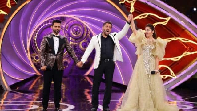 Rahul Vaidya, Salman Khan and Rubina Dilaik at Bigg Boss 14 finale. Twitter @Its_Janhvi