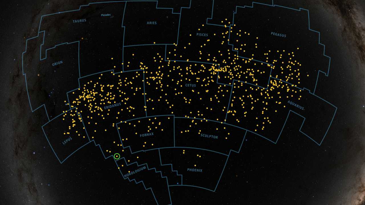 Los puntos amarillos muestran la ubicación de miembros conocidos o sospechosos, con TOI 451 en un círculo.  Imagen: NASA