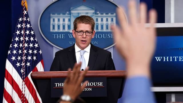 Jay Carney, now a top Amazon executive, is seen at the White House in 2013, when he was President Barack Obama’s press secretary. Ahead of a meeting in early 2019 with the Indian ambassador in Washington, Amazon prepared a note for Carney advising him not to disclose certain ‘sensitive’ information. REUTERS/Kevin Lamarque
