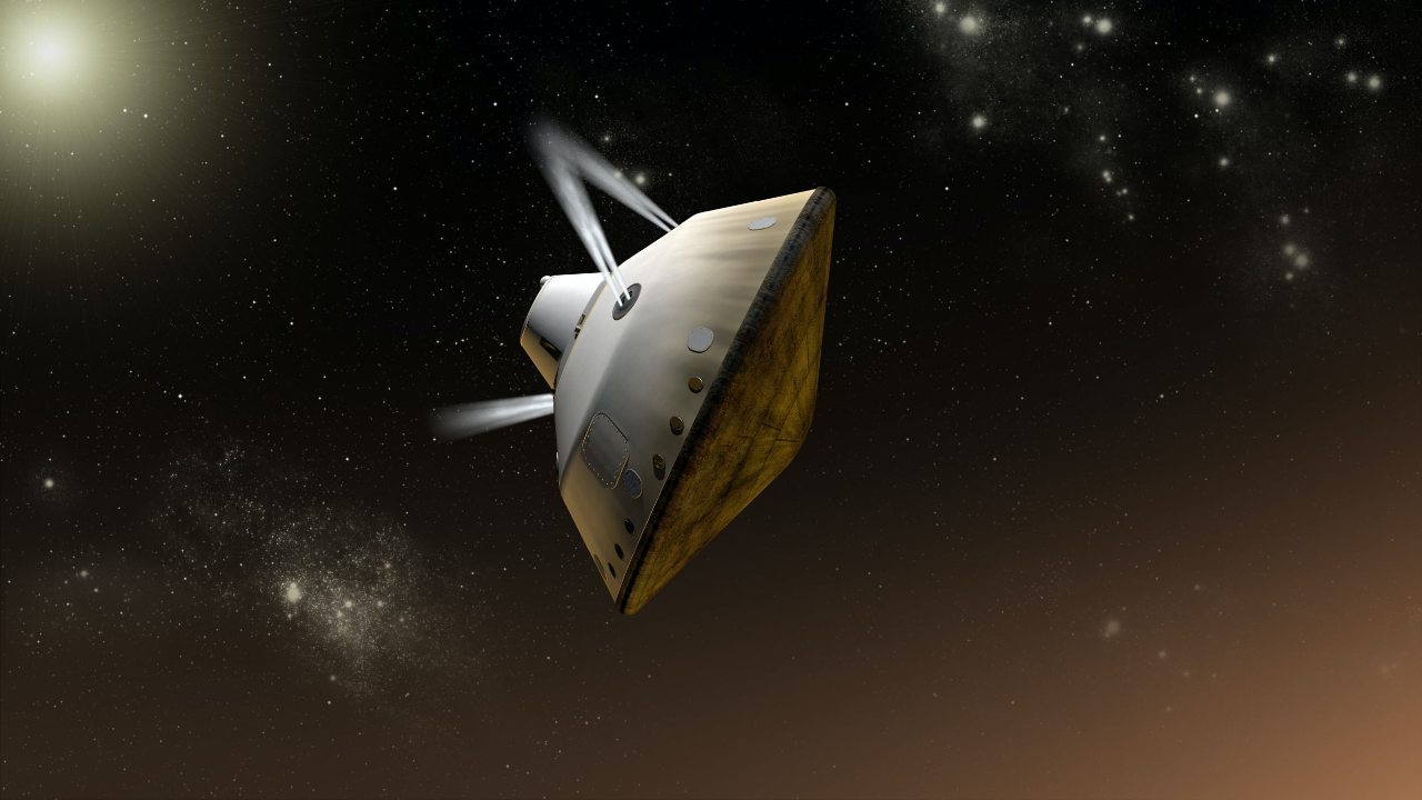 This artist’s impression shows thrusters controlling the angle of the spacecraft during MSL 2012’s Mars entry. Mars 2020 will use the same technique. Image credit: NASA/JPL-Caltech