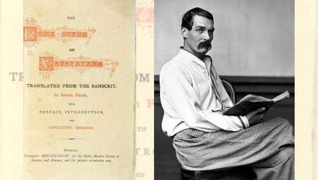 (L) Cover for The Kama Sutra of Vatsyayana First edition of 1883. Printed for the Hindoo Kama Shastra Society. Image via burtonia.org. (R) Sir Richard Francis Burton, as depicted by Edouard Rischgitz c. 1864. Image via Wikimedia Commons