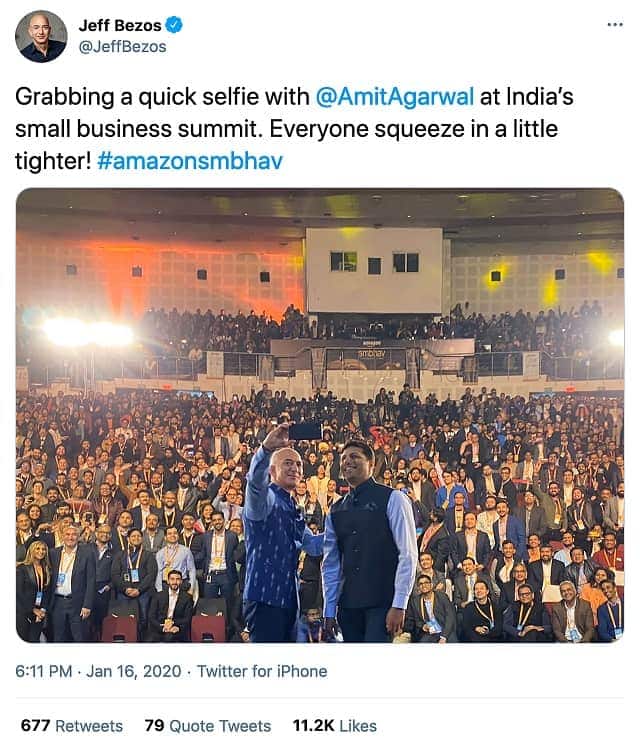 During his visit to India in January last year, Amazon founder Jeff Bezos tweeted a picture of himself taking a selfie with Amit Agarwal, the company’s India head, at an event with small businesses. Source: Twitter screenshot via REUTERS