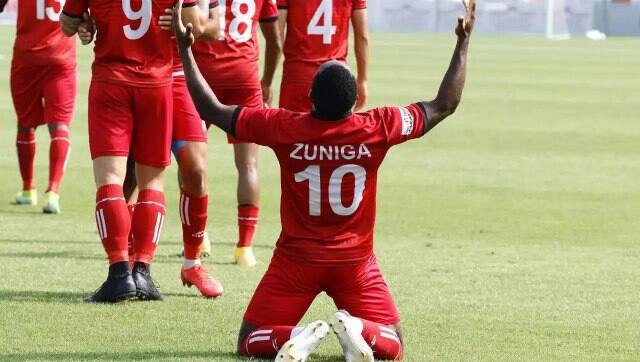 Clayvin Zuniga celebrates after scoring for Churchill Brothers. Image: I-League media