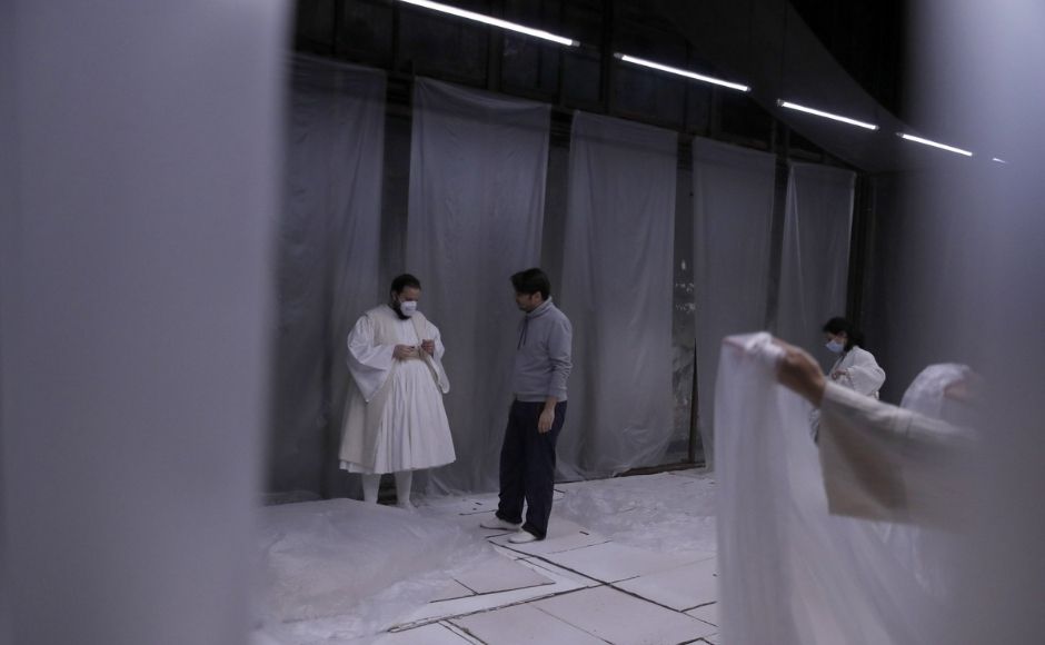 Like the National Opera, other cultural institutions formed small work teams to salvage their celebration plans even as they faced acute financial pressure due to lockdown measures now in their fifth consecutive month. In the picture: Actors Marios Panagiotou, left, and Konstantinos Arnokouros speak, during a rehearsal of 'The Free Besieged' at the Greek National Theater in Athens, on Tuesday, 2 March, 2021. Photo via The Associated Press/Thanassis Stavrakis Like the National Opera, other cultural institutions formed small work teams to salvage their celebration plans even as they faced acute financial pressure due to lockdown measures now in their fifth consecutive month. In the picture: Actors Marios Panagiotou, left, and Konstantinos Arnokouros speak, during a rehearsal of 'The Free Besieged' at the Greek National Theater in Athens, on Tuesday, 2 March, 2021. Photo via The Associated Press/Thanassis Stavrakis