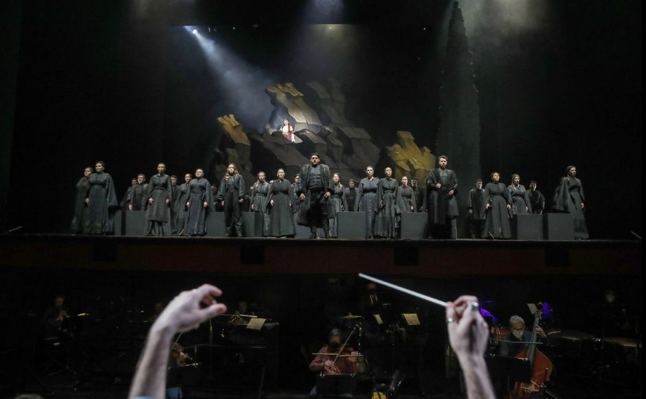 “Fire! Fire!” Bogri sang in Despo Botsi’s final moments as machine-generated smoke billowed out over the stage during a performance recorded for streaming-only events scheduled for May. In the picture: Greek soprano Artemis Bogri performs during a rehearsal of 'Despo-Greek Dances' Opera and dance performance in Athens, on Thursday, 4 March, 2021. Photo via The Associated Press/Thanassis Stavrakis “Fire! Fire!” Bogri sang in Despo Botsi’s final moments as machine-generated smoke billowed out over the stage during a performance recorded for streaming-only events scheduled for May. In the picture: Greek soprano Artemis Bogri performs during a rehearsal of 'Despo-Greek Dances' Opera and dance performance in Athens, on Thursday, 4 March, 2021. Photo via The Associated Press/Thanassis Stavrakis
