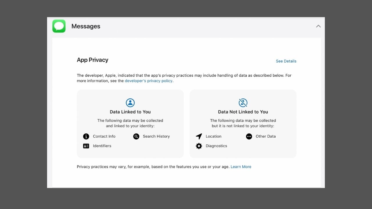 The privacy label of the Messages app by Apple.