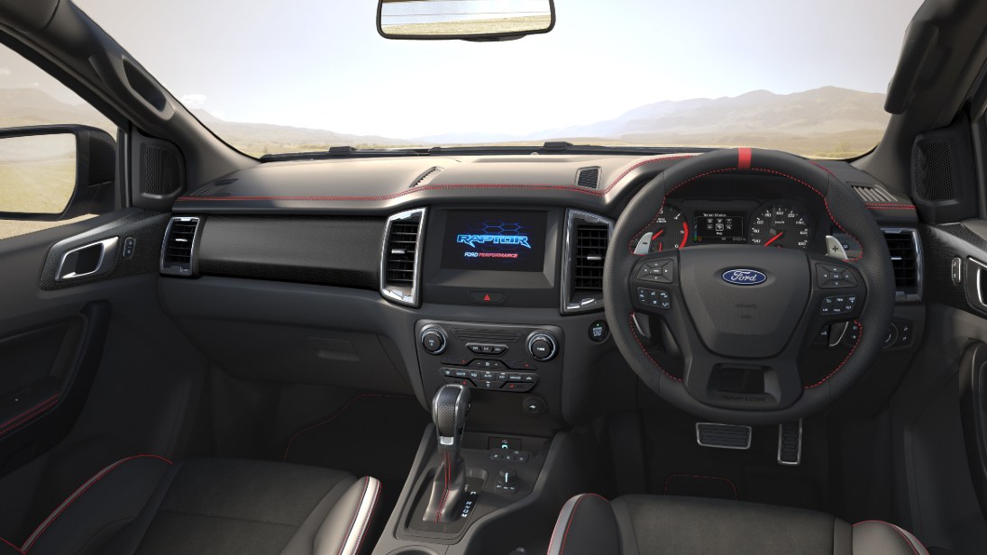 Red stitching and blacked-out elements are exclusive to the Ford Ranger Raptor X's interior. Image: Ford