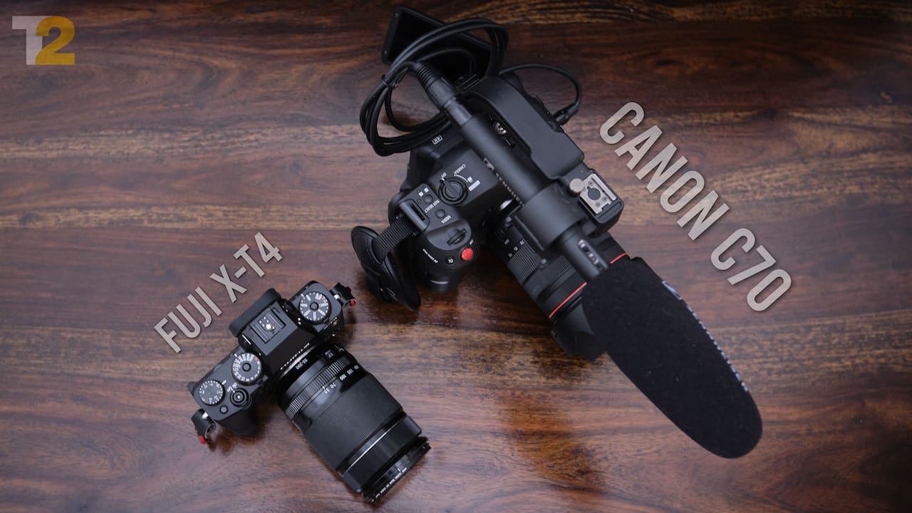 A relatively large, premium mirrorless camera like the Fuji X-T4 looks like a toy in front of the Canon C70, as it should. Image: Anirudh Regidi