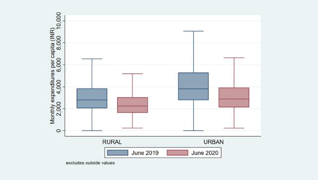 A box plot of changes in total household expenditures between June 2019 and June 2020 using the CPDx household survey data