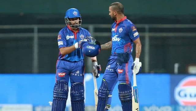 Prithvi Shaw of Delhi Capitals and Shikhar Dhawan of Delhi Capitals during match 2 of the Vivo Indian Premier League 2021 between Chennai Super Kings and the Delhi Capitals held at the Wankhede Stadium, Mumbai on the 10th April 2021. Photo by Rahul Gulati / Sportzpics for IPL