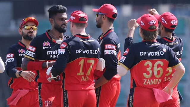 Isuru Udana of Royal Challengers Bangalore celebrates the wicket of Steve Smith captain of Rajasthan Royals during match 15 of season 13 of Indian Premier League (IPL) between the Royal Challengers Bangalore and the Rajasthan Royals at the Sheikh Zayed Stadium, Abu Dhabi  in the United Arab Emirates on the 3rd October 2020.  Photo by: Pankaj Nangia  / Sportzpics for BCCI