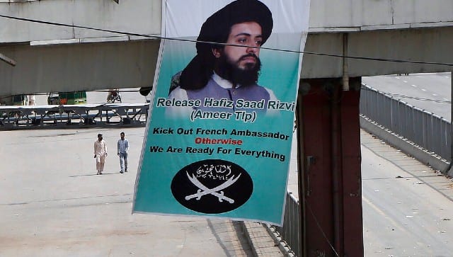 A poster demanding the release of Tehreek-e-Labbaik Pakistan leader Saad Hussain Rizvi. AP