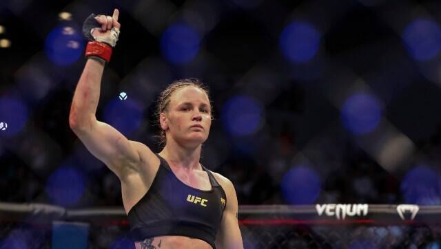 Valentina Shevchenko celebrates her win over Jessica Andrade in a UFC 261 mixed martial arts bout. AP
