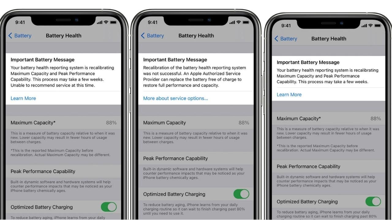 Recalibration of battery health reporting on iPhone 11, iPhone 11 Pro, and iPhone 11 Pro Max
