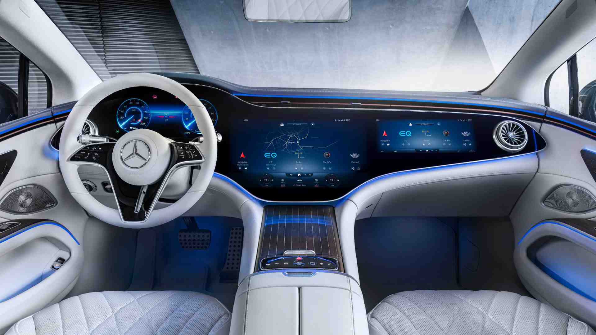 The Mercedes-Benz EQS debuts the MBUX Hyperscreen with three digital displays installed under a curved glass panel. Image: Mercedes-Benz