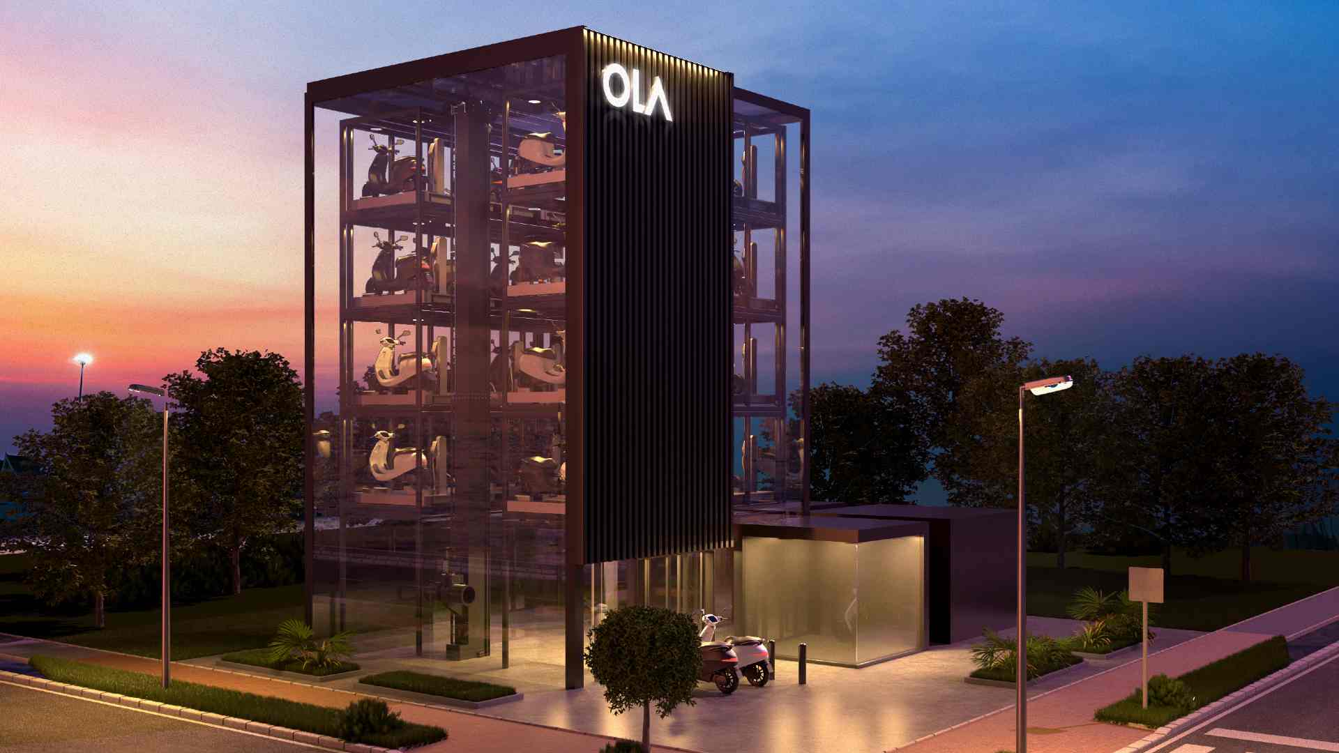 Ola Electric's standalone charging towers will feature automated multi-level parking. Image: Ola Electric