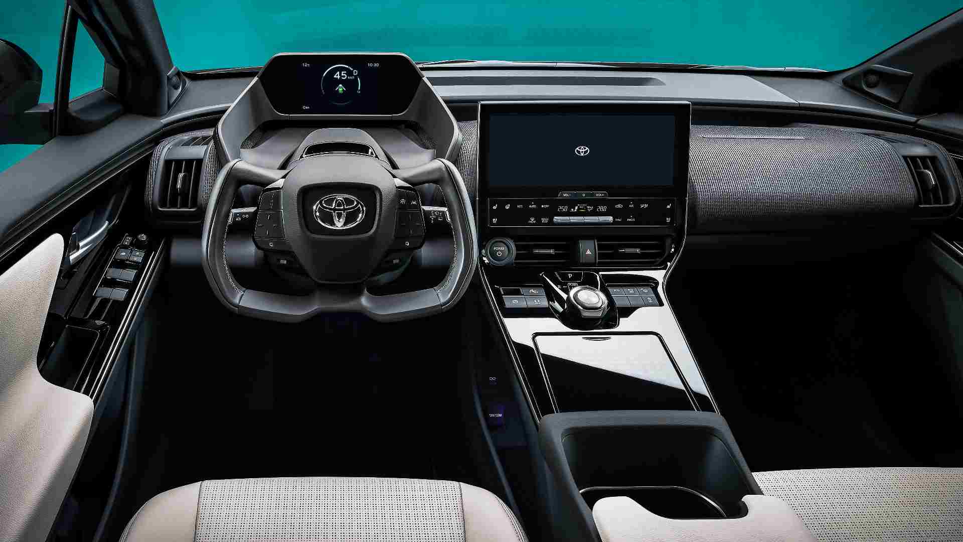Tesla-like aircraft yoke-style steering wheel a highlight of the Toyota bZ4x concept's interior. Image: Toyota