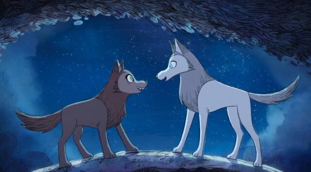 Robyn Goodfellowe, voiced by Honor Kneafsey, right, and Mebh Óg Mactíre, voiced by Eva Whittaker, in a scene from the Oscar nominated animated film Wolfwalkers. (Apple via AP)