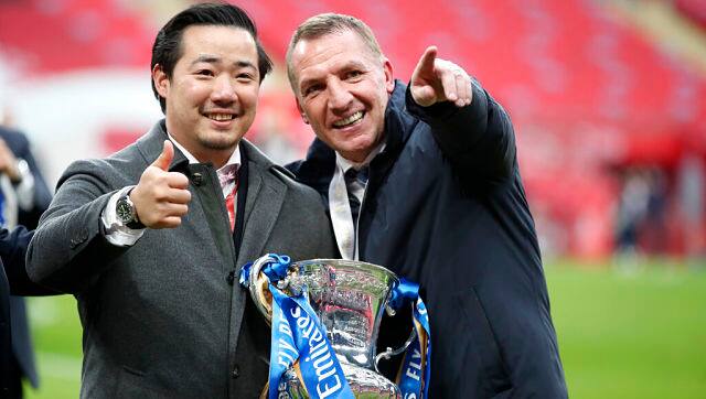 Leicester's manager Brendan Rodgers, and club chairman Khun Aiyawatt 'Top' Srivaddhanaprabha. AP