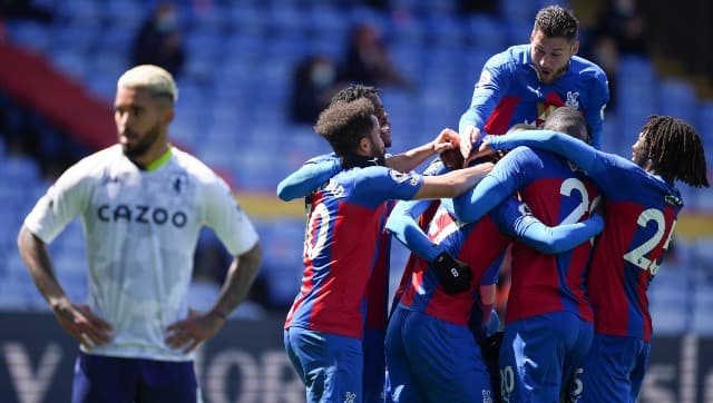 Crystal Palace players celebrate Tyrick Mitchell's late winner. AP