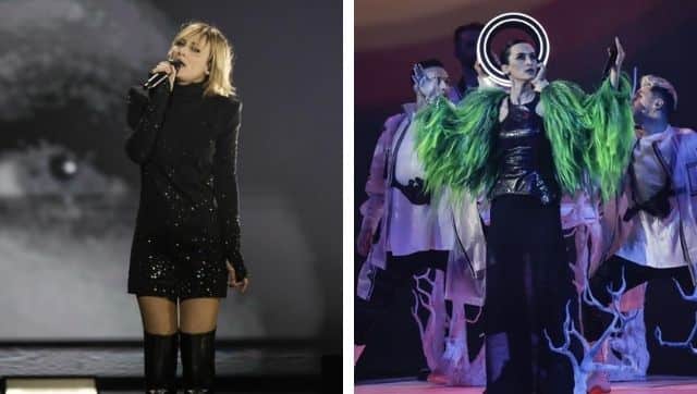 Hooverphonic from Belgium (Left) and Go_A from Ukraine (Right) performing at the first semi-final of the Eurovision Song Contest. Images via The Associated Press/ Peter Dejong