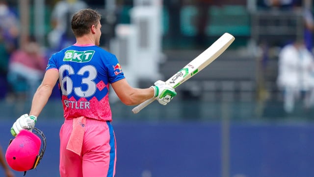 Jos Buttler celebrates after bringing up his maiden IPL century in Rajasthan Royals' home game against Sunrisers Hyderabad on 2 May. Sportzpics