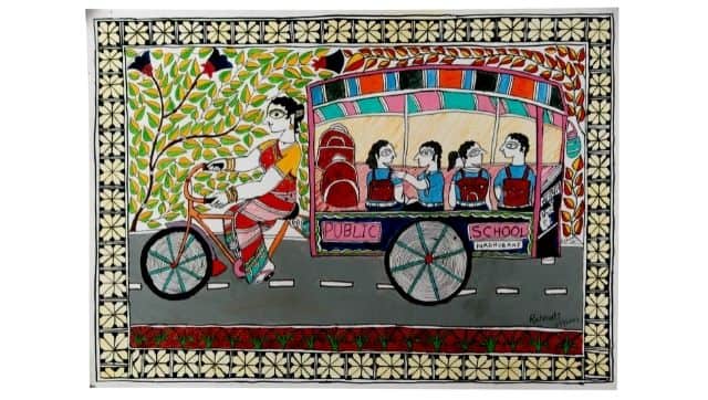 Rahmati's painting where she shows a woman pulling a rickshaw, reflecting physical power and independence.