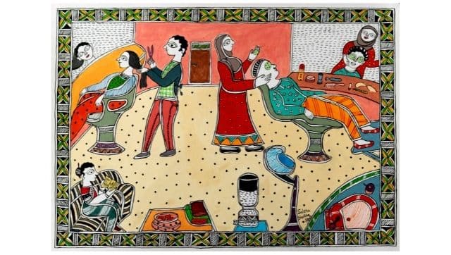 Saleha's painting where she portrays herself as a beautician who is financially independent