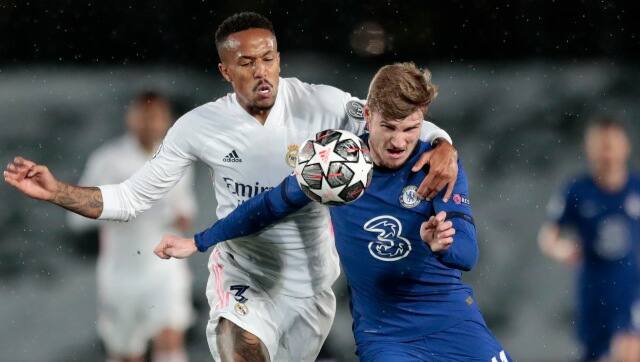 Timo Werner vies for the ball with Eder Militao. AP